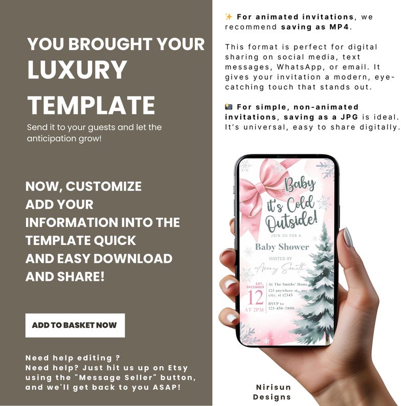 K&ouml;nnte beinhalten: Ein Smartphone zeigt eine Babyparty-Einladungsvorlage mit einer rosa Schleife, dem Text "Baby it's Cold Outside!" und einer Grafik eines Weihnachtsbaums. Die Einladung wird in einer Hand gehalten. Auf der linken Seite steht "Luxury Template".