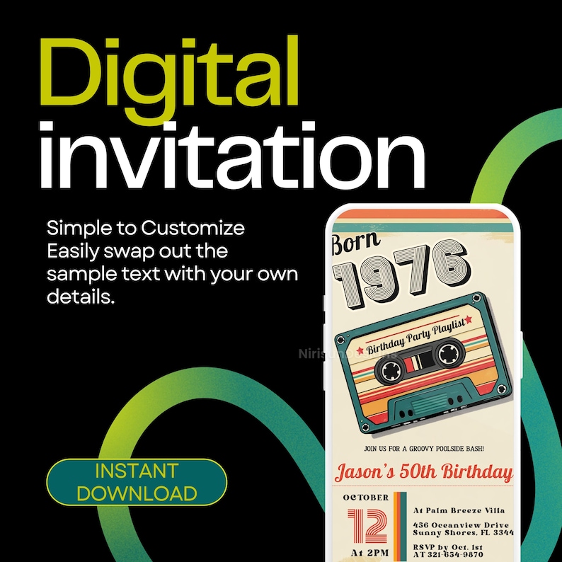 Puede incluir: Invitaci&oacute;n digital con un dise&ntilde;o de cinta de cassette retro. La invitaci&oacute;n dice "Nacido en 1976" y "50 cumplea&ntilde;os de Jason". El dise&ntilde;o incluye el texto "Descarga instant&aacute;nea" e instrucciones para personalizar el texto.