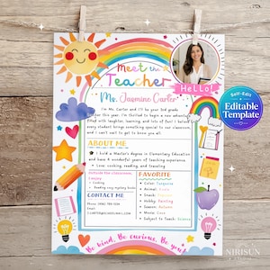 Könnte beinhalten: Eine Meet the Teacher Flyer-Vorlage mit einem bunten Regenbogen, einer lächelnden Sonne und einem kreisförmigen Foto einer Lehrkraft. Das Dokument enthält Abschnitte für About Me, Contact Me und Favorites mit Text wie Ms. Jasmine Carter.
