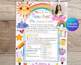 Sjabloon Meet The Teacher, Flyer Leer Leraar Kleuterschool leren kennen Alles over mijn leraar, nieuwsbrief voor terug naar school of open huis bewerkbaar