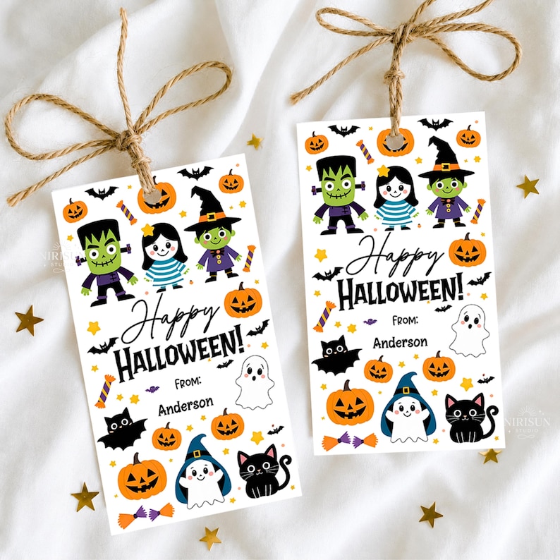 May include: Two rectangular white gift tags with brown twine bows, featuring colorful Halloween illustrations of Frankenstein, a witch, ghosts, black cats, bats, and pumpkins. The text reads Happy HALLOWEEN! FROM: Anderson in black ink.