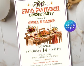 Fall Potluck Invitation Template, Editable Autumn Dinner Party Invite, Harvest Gathering, Printable Digital Invitation, Potluck Dinner