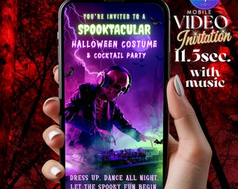 Halloween Costume Cocktail Party Video Invitation, Neon Skeleton DJ Costume Party Invite, Editable Adult Cocktail Party Digital Invite