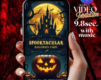 May include: A digital mobile video invitation template for a Halloween party featuring a glowing jack-o'-lantern, a dark castle silhouette against a large yellow moon, and text reading JOIN US FOR A NIGHT OF SPOOKTACULAR HALLOWEEN PARTY.
