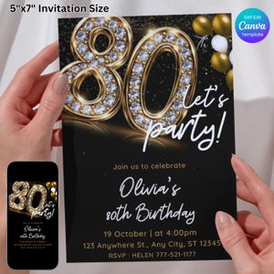 80th Birthday Invitation – Elegant Black & Gold, Diamond Glitter Party, Editable Canva Template, Luxury Digital Download, Printable Invite