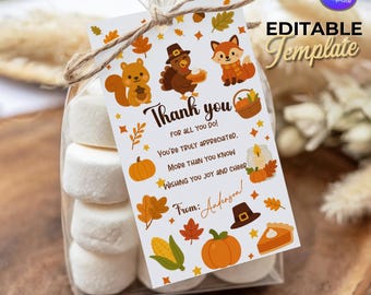 Thanksgiving Gift Tags: Fall Thank You Favor Tags (Editable Template, Printable Turkey or Pilgrim Tags for Teacher Gifts, Digital Download)