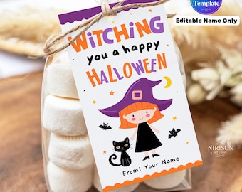 Halloween Witch Gift Tags, Printable Halloween Treat Bag Tags, Editable Name Canva Template, Classroom Party Favors with Bonus PDF,