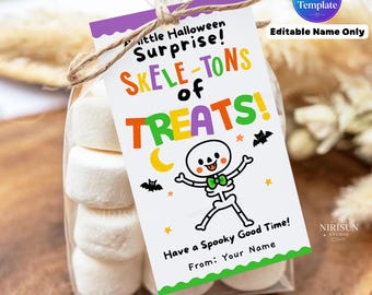 Halloween Skeleton Gift Tags, Printable Treat Bag Tags, Editable Name Template, Classroom Halloween Favors with Bonus PDF, Bones Treat Tag