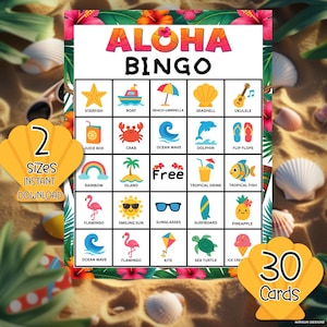Jeu de bingo estival Aloha pour enfants, 30 cartes de bingo tropicales, activité de fête sur la plage Luau, jeu de vacances imprimable, téléchargement immédiat, jeu d'été