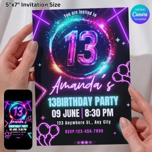 Neon 13.Geburtstagseinladung, Glow Party einladen, Teen Geburtstagseinladung, bearbeitbare Canva Vorlage, Mädchen 13.Geburtstag, Digital Download, Teen