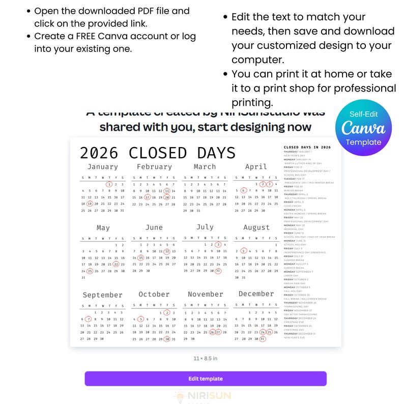 2026 Daycare Closed Days Calendar, Preschool Childcare Holiday Schedule ...