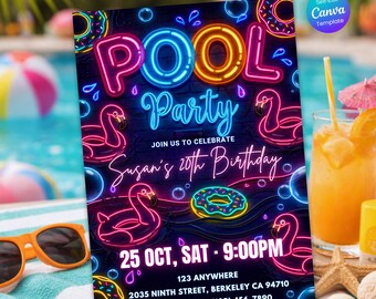 Neon Pool Party Birthday Invitation , Glow Pool Party Invitation, Editable Canva Template, Summer Pool Party, Girl Pool Birthday, Digital