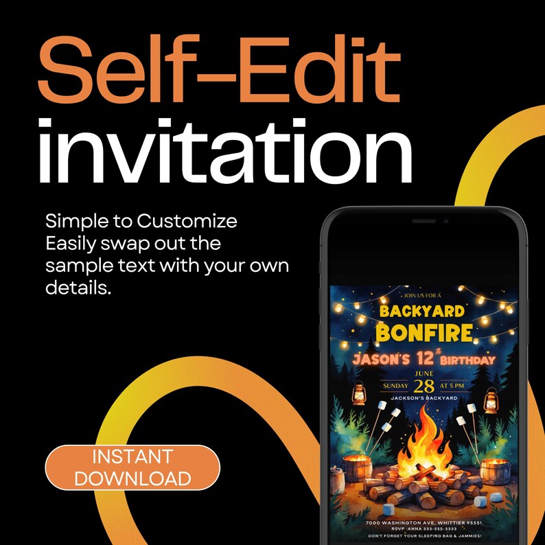 Get ready for a cozy celebration under the stars with this backyard bonfire birthday invitation!  Perfect for outdoor-loving kids, this editable Canva template features warm firelight, marshmallows, and lanterns—ideal for a camping-style birthday party. bonfire birthday invite, campfire party card, kids backyard invite, editable camp party, canva birthday template, outdoor kids birthday, printable bonfire card, camping theme invite, summer night invite, self edit party card, marshmallow birthday