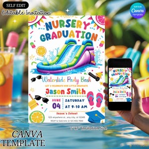 Plantilla de invitación para fiesta de graduación de guardería con tobogán acuático editable en Canva, invitación infantil colorida para fiesta de verano, tarjeta imprimible para graduación de preescolar