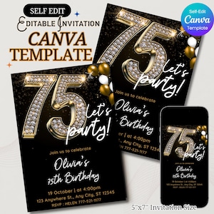 Może przedstawiać: Czarno-złote zaproszenie na przyjęcie z okazji 75. urodzin z diamentową cyfrą 75. Zaproszenie zawiera napis "Let's party!" i tekst "Join us to celebrate Olivia's 75th Birthday".