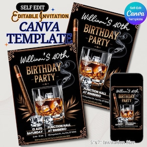 Whiskey Cigar Birthday Invitation Any Age, Editable Canva Template, Printable Digital Invite, 60th 50th 40th Birthday for Men