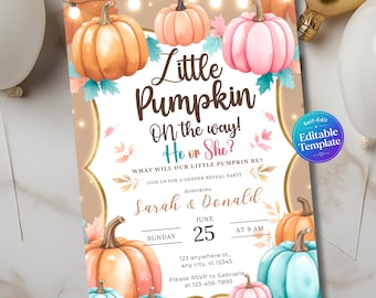Pumpkin Gender Reveal Invitation, Editable Pink and Blue Pumpkin Gender Reveal Template, A Little Pumpkin Is On The Way, Autumn Baby Shower