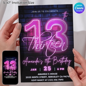 Modèle d'Invitation rose néon pour le 13e anniversaire, toile modifiable, invitation à une fête pour 13e anniversaire de filles, invitation à thème phosphorescent, téléchargement numérique