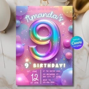 9th Birthday Invitation – Pink Rainbow Glitter Party for Girls, Editable Canva Template, Digital Download, Foil Effect Ninth Birthday Invite