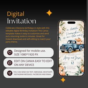 May include: Digital invitation template for a baby shower. The design features a blue truck carrying pumpkins, with text that reads "a little pumpkin is on the way." The invitation is designed for mobile use and can be edited on Canva.
