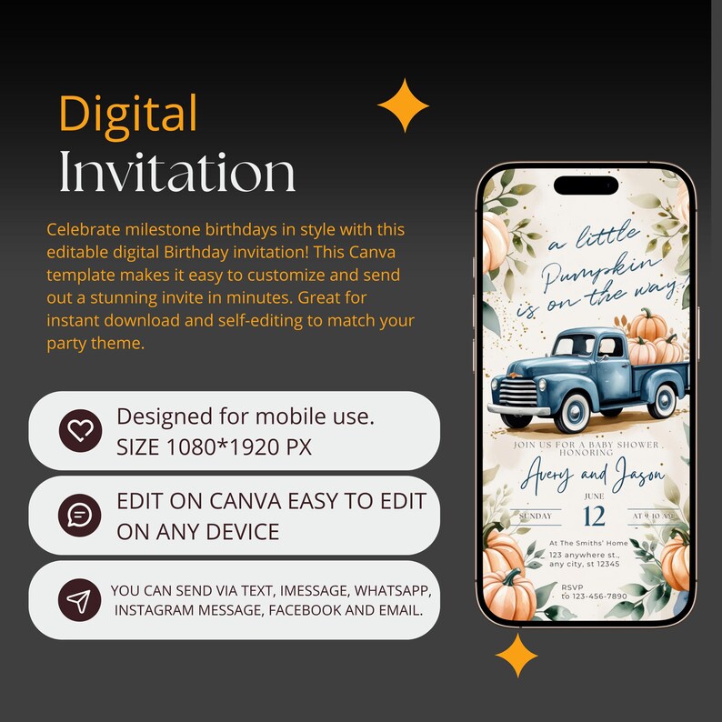 May include: Digital invitation template for a baby shower. The design features a blue truck carrying pumpkins, with text that reads "a little pumpkin is on the way." The invitation is designed for mobile use and can be edited on Canva.