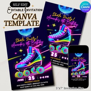 Editable roller skate birthday invitation with neon glow design and disco ball. Canva template for kids or teen party printable digital download. roller skate birthday, neon birthday invite, skate party invitation, editable invite, Canva template, disco birthday invite, glow party invitation, girls birthday invite, boys birthday invite, printable invite, kids birthday invite, teen party invitation, roller rink invite