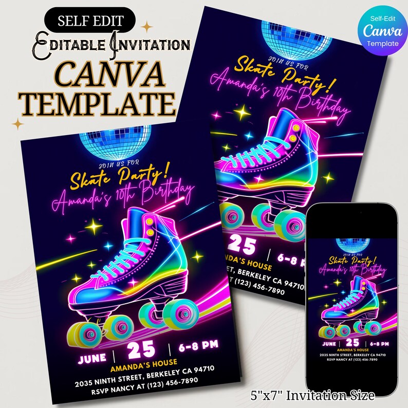 Editable roller skate birthday invitation with neon glow design and disco ball. Canva template for kids or teen party printable digital download. roller skate birthday, neon birthday invite, skate party invitation, editable invite, Canva template, disco birthday invite, glow party invitation, girls birthday invite, boys birthday invite, printable invite, kids birthday invite, teen party invitation, roller rink invite