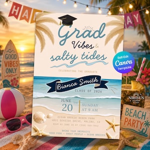 Puede incluir: Un anuncio de graduación con temática de playa con el texto "Grad Vibes & Salty Tides". La invitación presenta una escena de playa con palmeras, conchas marinas y el nombre de la graduada, Bianca Smith. La fecha es el 20 de junio, domingo a las 9 AM.