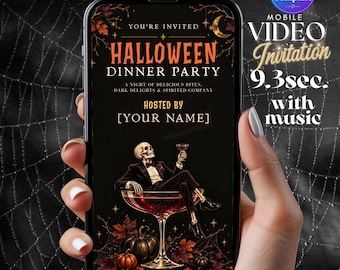 Halloween Dinner Party Video Invitation Template, Editable Mobile Invite, Spooky Adult Halloween Party Invitation, 2 Pages Elegant Halloween