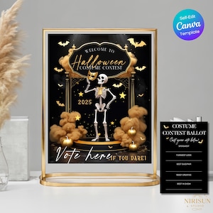 May include: A Halloween costume contest sign with a gold frame. The sign features a skeleton holding a mask, bats, pumpkins, and the text "Welcome to Halloween Costume Contest 2025". A ballot is on the right.
