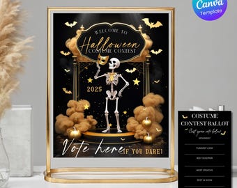 Halloween Costume Contest Flyer: Skeleton Voting Ballot Cards (Printable Party Game Template, Editable in Canva , Instant Digital Download)