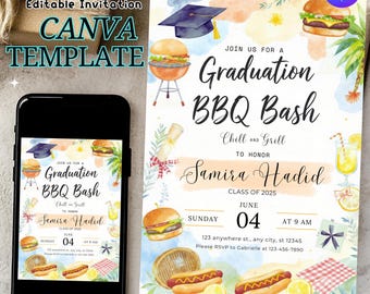 Backyard BBQ Graduation Party Invitation Template, Summer Grill Party Grad Invite, Highschool Graduation Invite, Graduation cookout Party