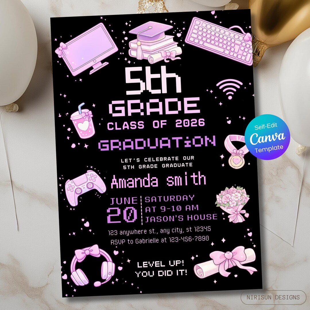 Grade R Invitation Card Gamer 5th Grade Graduation Invitation, Pixel Art, Video Game Graduation ...