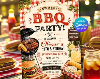 BBQ Birthday Invitation, Backyard BBQ Party Invitation, Editable Cookout Invite, Summer Picnic Birthday Canva Template, Outdoor Birthday