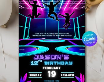 May include: A black invitation with a neon trampoline park theme. Silhouettes of people jumping are featured. Text includes "Jason's 12th Birthday" and event details. The invitation is a self-edit Canva template.