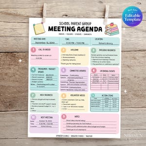 Puede incluir: Una plantilla imprimible de agenda de reunión para grupos de padres de escuela con un diseño colorido que incluye secciones para fecha, hora, lugar, orden del día, presupuesto, informes de comités, eventos, voluntarios y tareas.