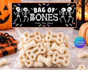 Halloween Bag Topper Printable, Skeleton Bag of Bones Treat Bag Header, Editable Name Bag Topper Template, Halloween Classroom Party Favor