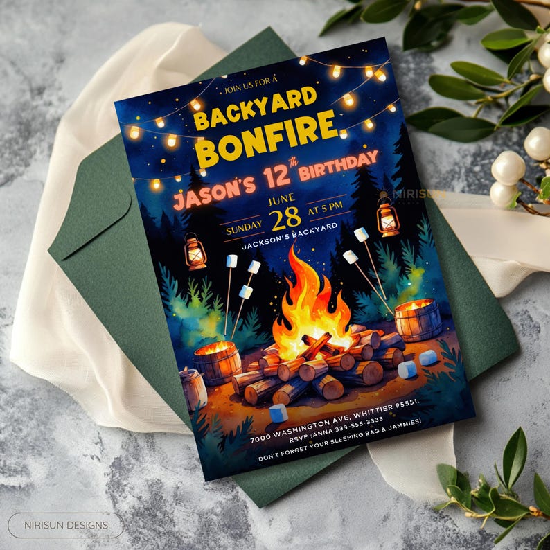 Get ready for a cozy celebration under the stars with this backyard bonfire birthday invitation!  Perfect for outdoor-loving kids, this editable Canva template features warm firelight, marshmallows, and lanterns—ideal for a camping-style birthday party. bonfire birthday invite, campfire party card, kids backyard invite, editable camp party, canva birthday template, outdoor kids birthday, printable bonfire card, camping theme invite, summer night invite, self edit party card, marshmallow birthday