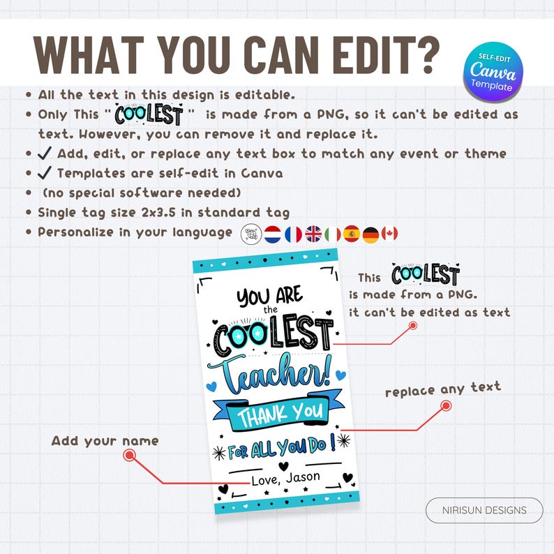 May include: A white and teal printable teacher appreciation tag with the text "You are the COOLEST Teacher!" and "THANK YOU". The tag is editable and can be personalized. The tag size is 5.08cm x 8.89cm.
