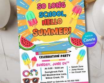 Plantilla editable de invitación para fiesta de fin de curso en Canva, ¡Adiós, escuela!, ¡Hola, verano!, Invitación para el inicio del verano, Invitación para fiesta de fin de curso.