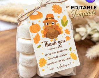 Thanksgiving Gift Tags: Fall Thank You Favor Tags (Editable Template, Printable Turkey or Pilgrim Tags for Teacher Gifts, Digital Download)