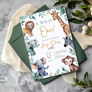 Modèle d'Invitation sauvage pour le premier anniversaire sur toile modifiable, 1er anniversaire de la jungle, Invitation Safari, Invitation fête de bébé imprimable, thème Safari