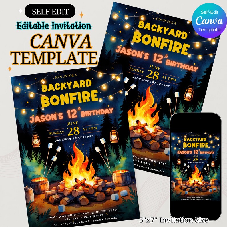 Get ready for a cozy celebration under the stars with this backyard bonfire birthday invitation!  Perfect for outdoor-loving kids, this editable Canva template features warm firelight, marshmallows, and lanterns—ideal for a camping-style birthday party. bonfire birthday invite, campfire party card, kids backyard invite, editable camp party, canva birthday template, outdoor kids birthday, printable bonfire card, camping theme invite, summer night invite, self edit party card, marshmallow birthday