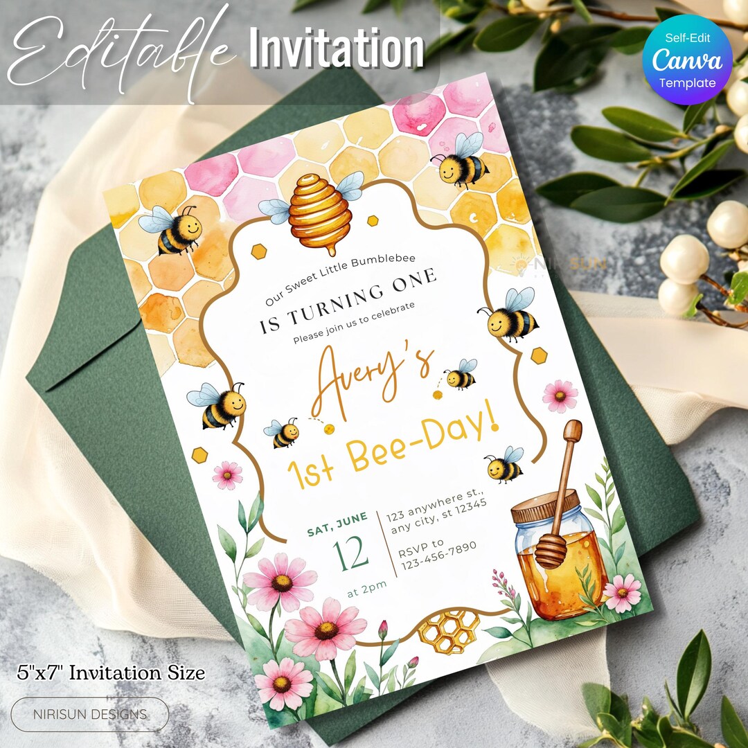 1st Bee-day Birthday Invitation Template, Editable Bumble Bee Birthday ...