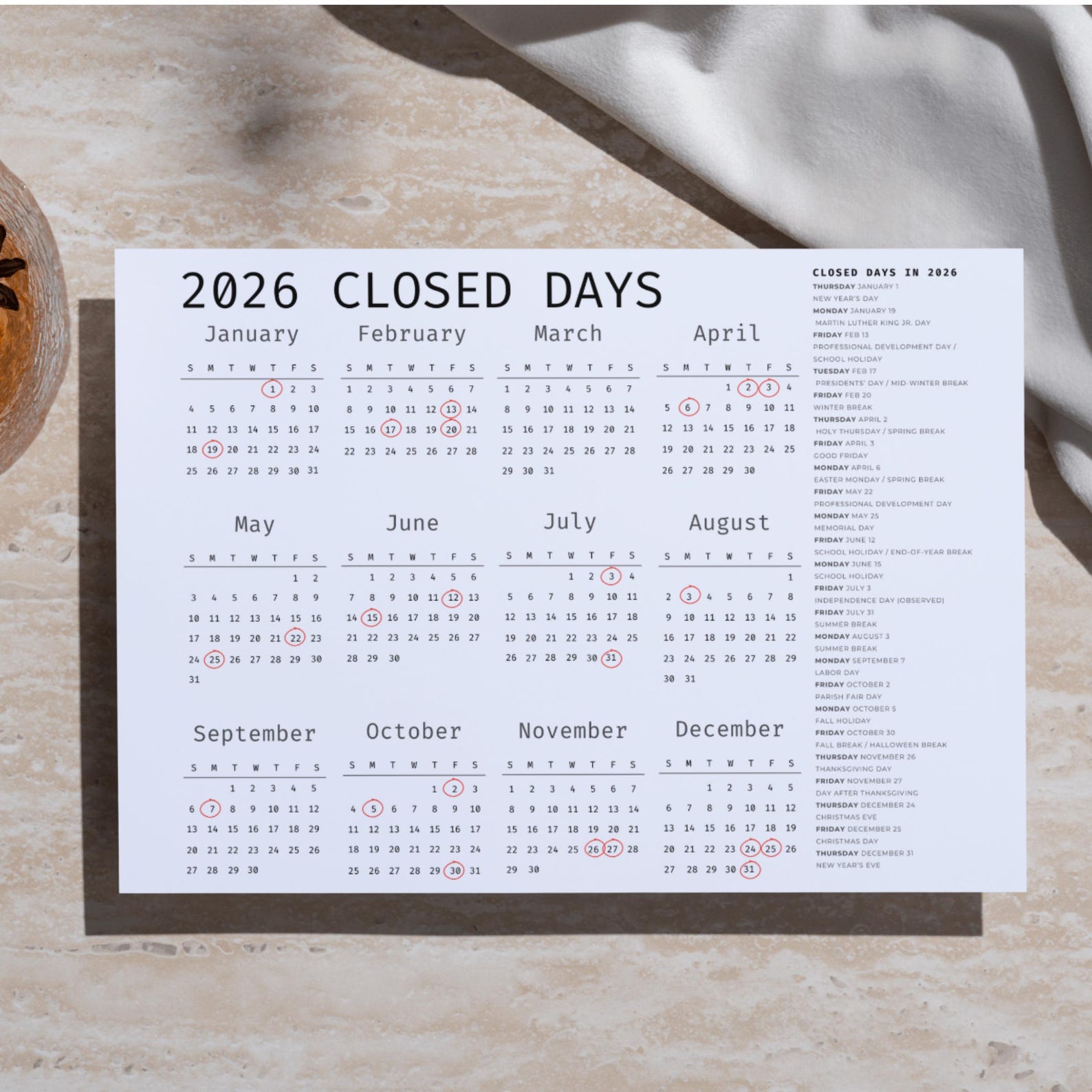 2026 Daycare Closed Days Calendar, Preschool Childcare Holiday Schedule ...