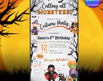 Pode incluir: Um convite com tema de Halloween exibido na tela de um smartphone. O design apresenta o texto "Calling all MONSTERS!" e "Costume Party". Inclui ilustrações de personagens fantasiados, morcegos e uma lua cheia. O convite é para o 5º aniversário de Jason.