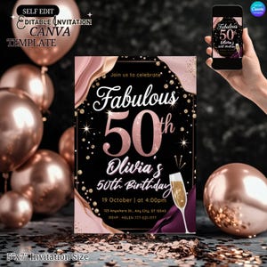 Modèle d'invitation pour 50e anniversaire - fabuleuses paillettes d'or rose, carte de fête surprise noire élégante, étape importante pour les femmes, téléchargement numérique