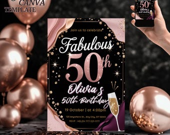 50th Birthday Invitation Template – Fabulous Rose Gold Glitter, Elegant Black Surprise Party Card, Milestone for Women, Digital Download