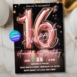 Sweet 16 Birthday Invitation, Neon Rose Gold 16th Birthday Invitation Template Editable, Girls 16th birthday Party Invite, Digital Download