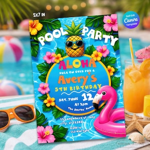 Peut inclure: Invitation de fête au bord de la piscine de 5x7 pouces sur le thème tropical. Le design présente un ananas portant des lunettes de soleil, un flotteur de flamant rose et le texte "Aloha" et "5e anniversaire d'Avery". Comprend la date, l'heure et le lieu.
